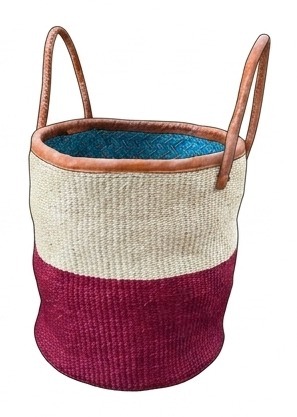 Pink and cream woven basket bag with leather handles