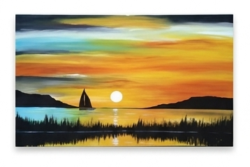 African sunset sailboat landscape painting on a white background