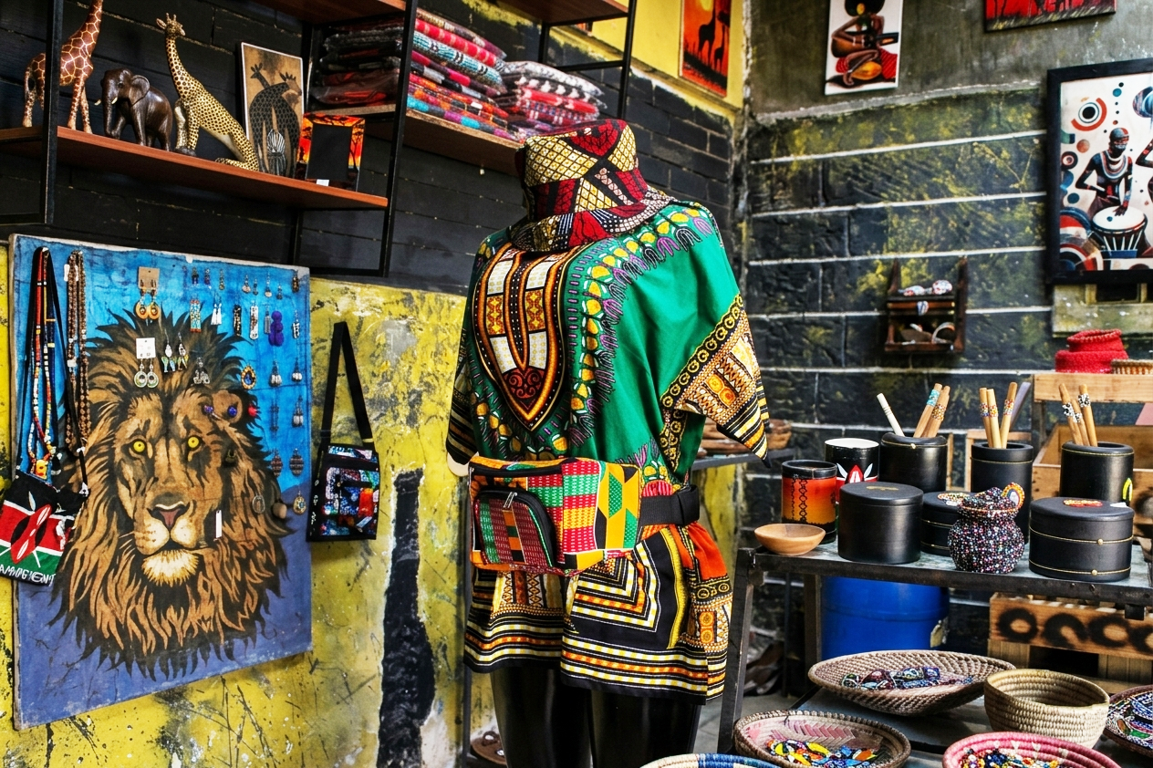 Afriq Kunst & Gallery showroom display with clothing and decor.