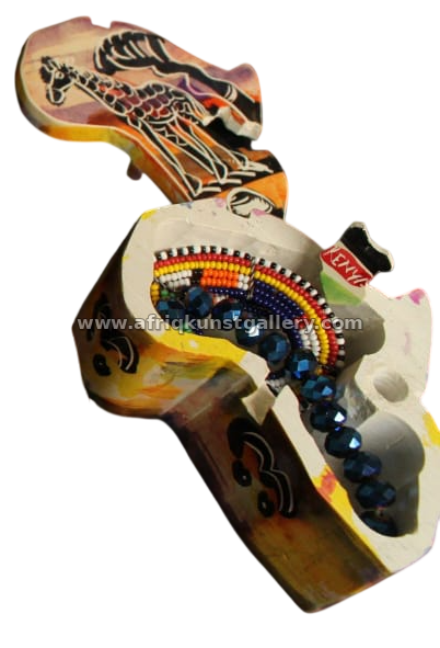 Africa-shaped keepsake box holding a beaded bracelet.
