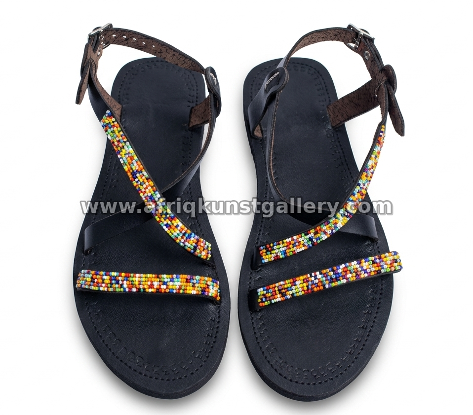 Black leather sandals with slim colorful beaded straps.