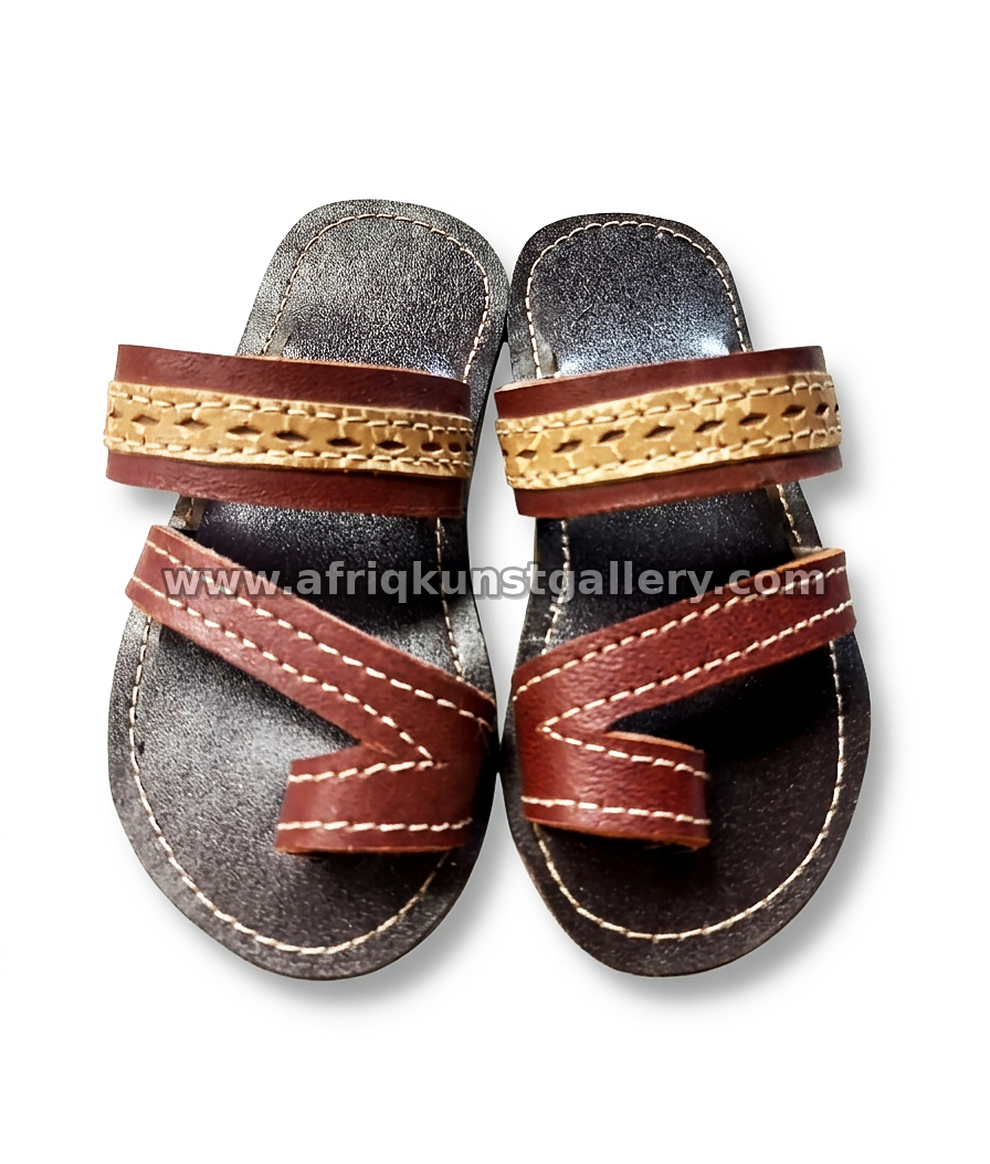 Brown leather sandals with cross-over straps and a woven accent band.