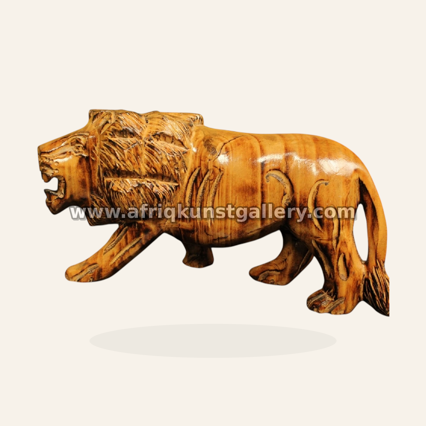 Carved wooden lion sculpture.