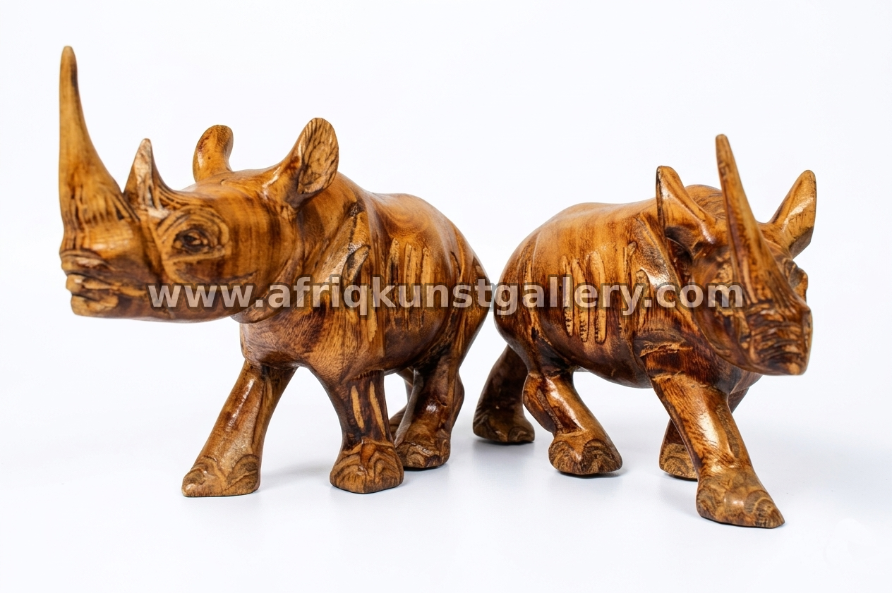 Pair of carved wooden rhino sculptures.