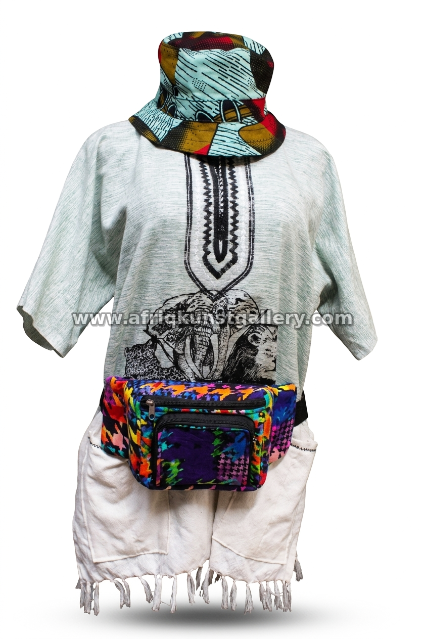 Neutral elephant tee styled with a printed bucket hat and a colorful waist bag.