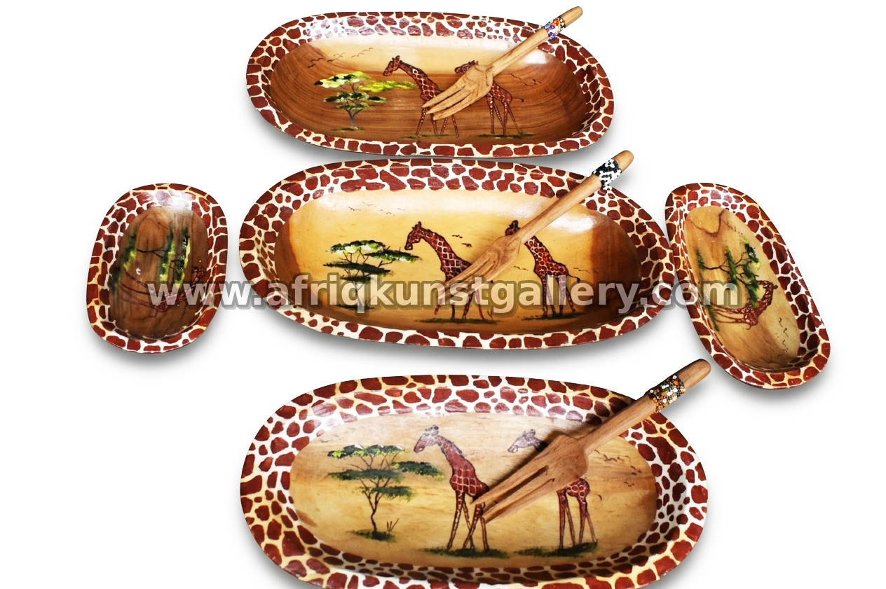 Serving platters painted with giraffe scenes and matching wooden utensils.