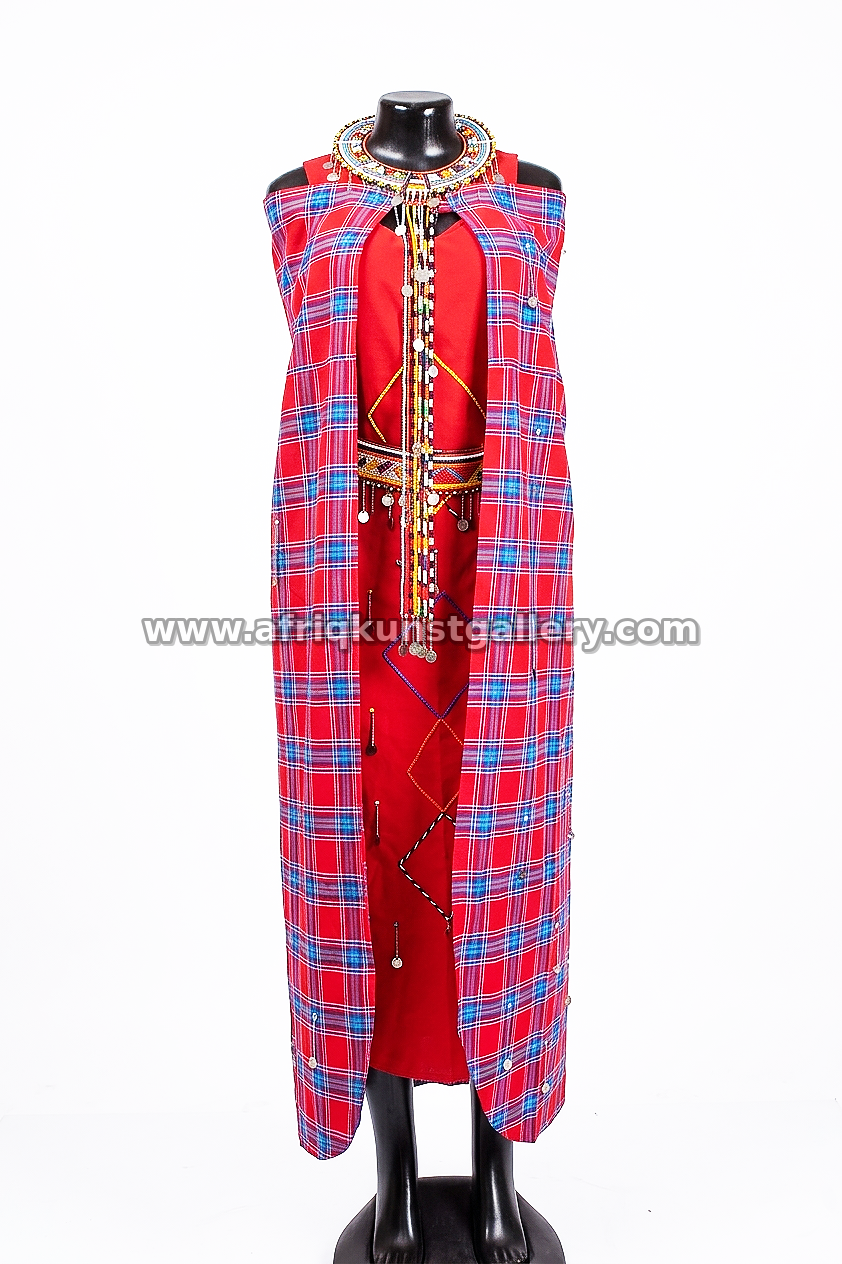 Maasai ceremonial dress with beaded neck detail and red plaid panels.