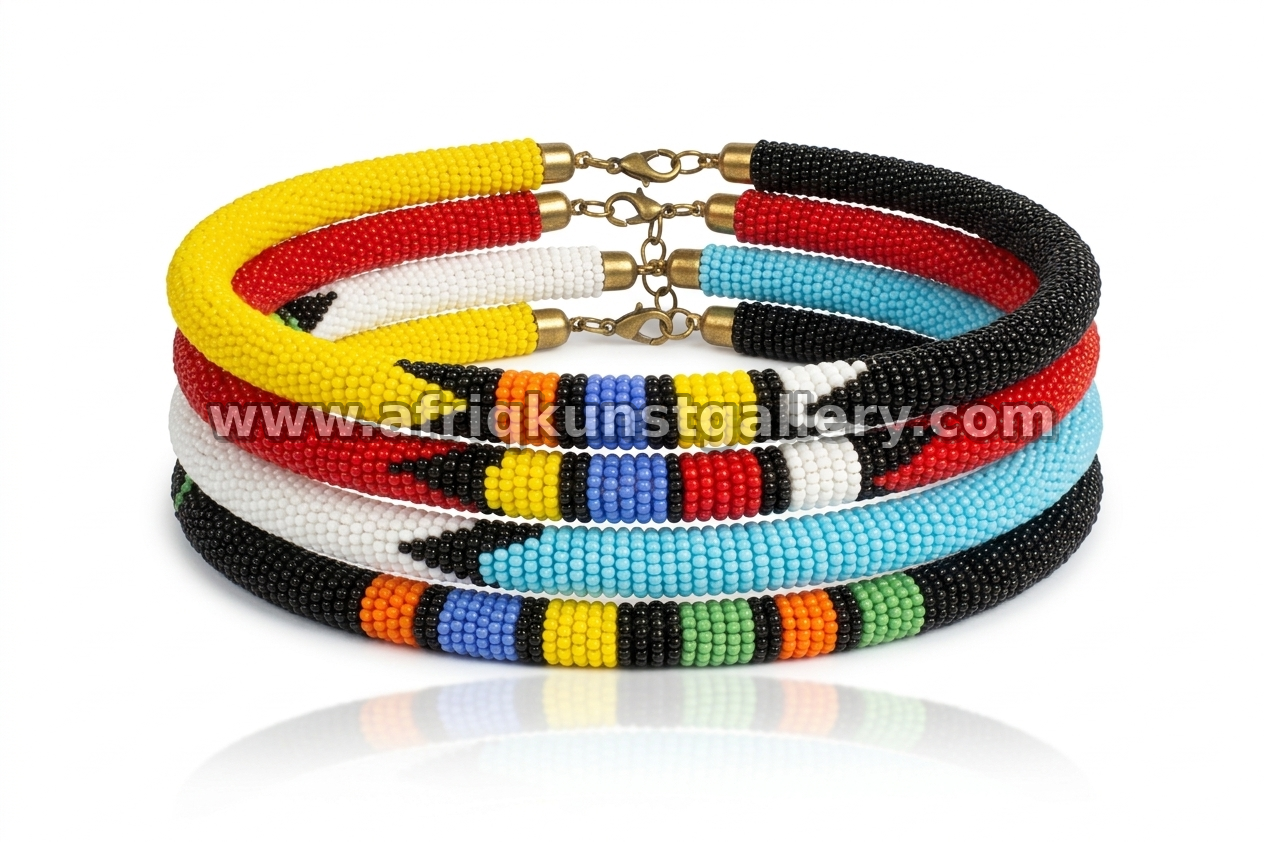 Set of multicolor tubular beaded bangles on a white background.