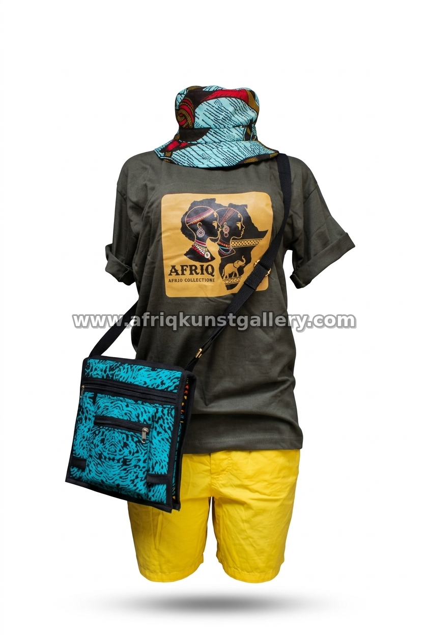 Olive graphic t-shirt look styled with yellow shorts, a bucket hat and a crossbody bag.