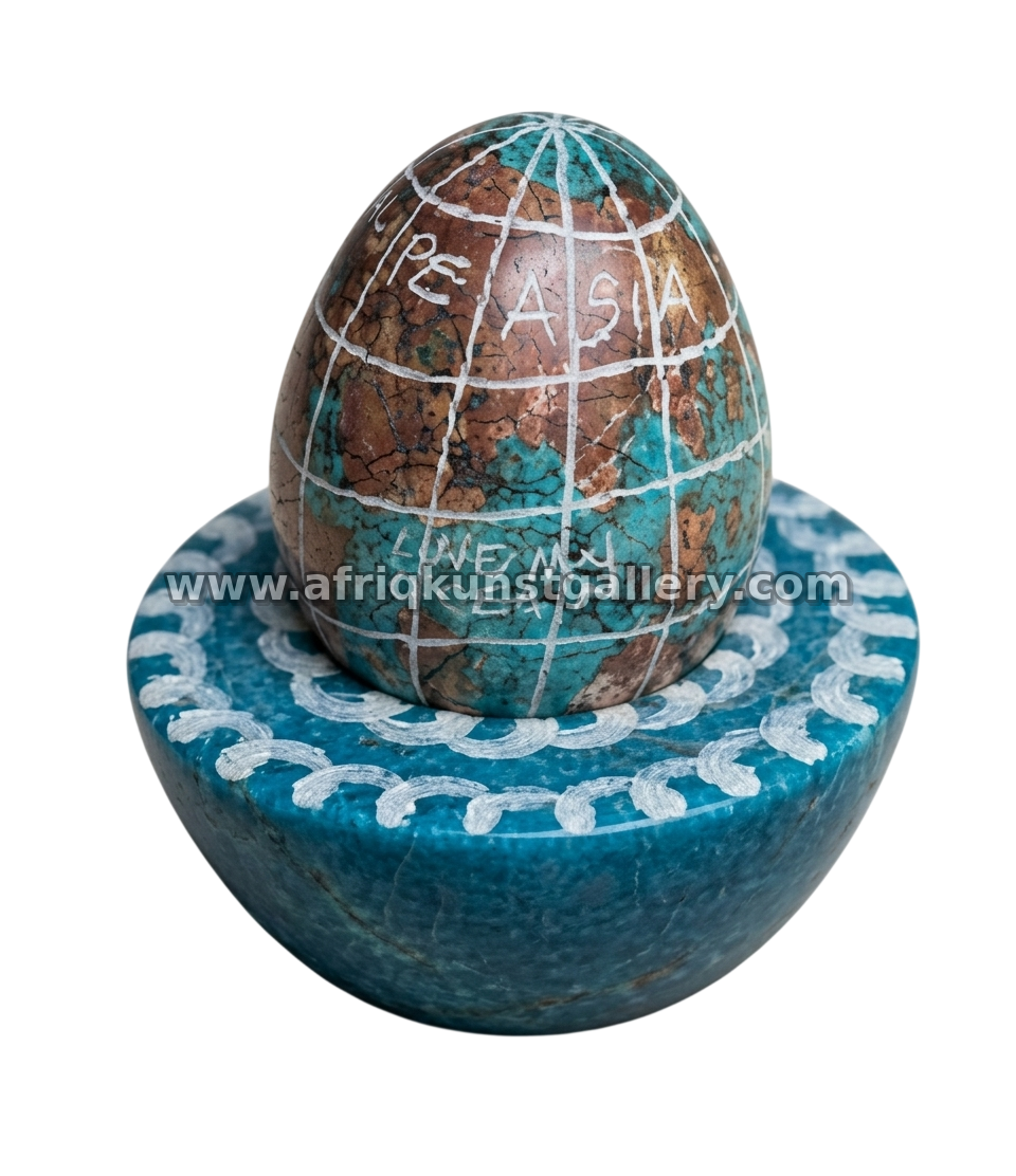 Small painted egg-shaped trinket box on a blue base.