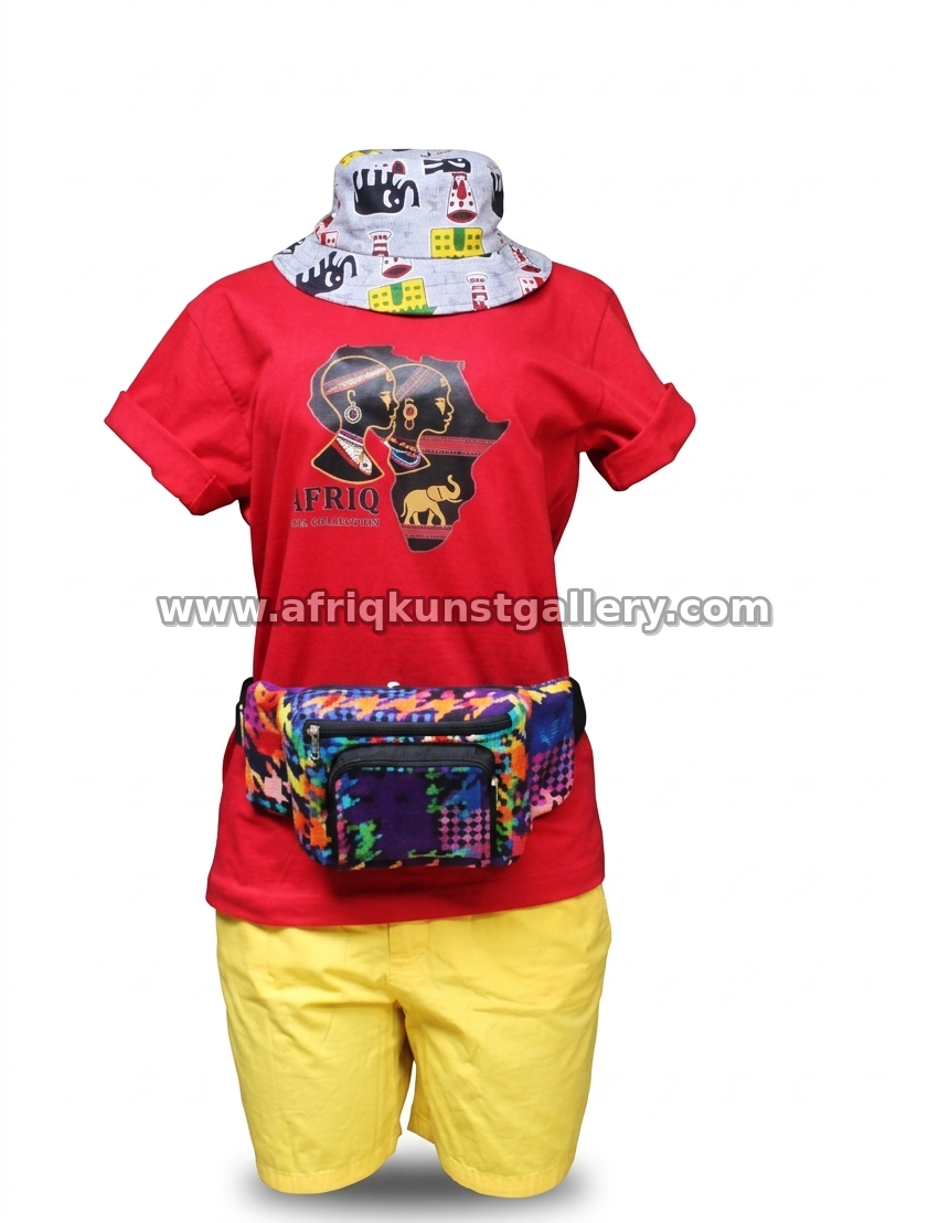 Red graphic t-shirt look styled with yellow shorts, a bucket hat and a waist bag.