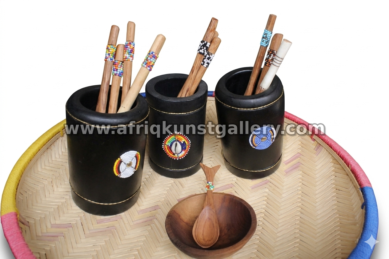 Sisal tray set with beaded utensil holders and wooden serving pieces.