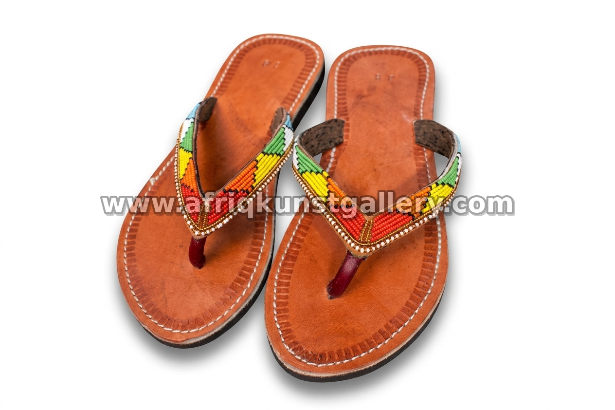 Tan thong sandals with colorful beaded V-shaped straps.