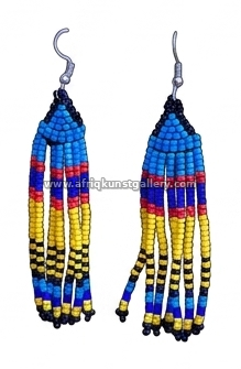 Blue striped tassel earrings on a white background.