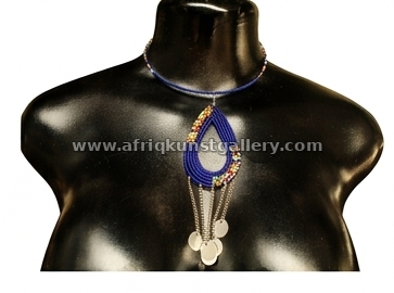 Blue teardrop beaded pendant necklace on a white background.