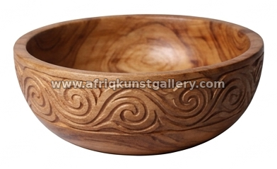 Carved wooden serving bowl with decorative patterns