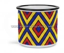 Diamond pattern enamel mug on a white background.