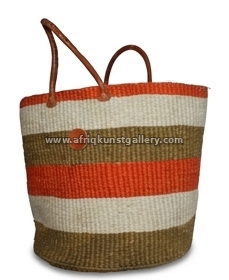 Earthy striped woven tote bag on a white background.