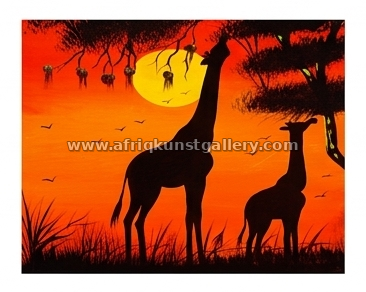 Giraffe sunset silhouette painting on a white background.
