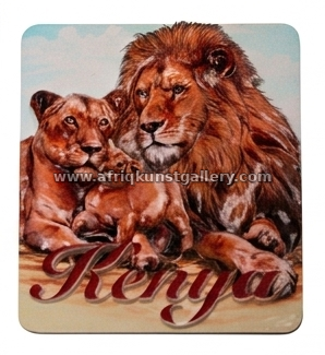 Kenya lion family souvenir plaque on a white background.