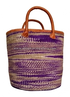 Lavender striped woven tote bag on a white background.