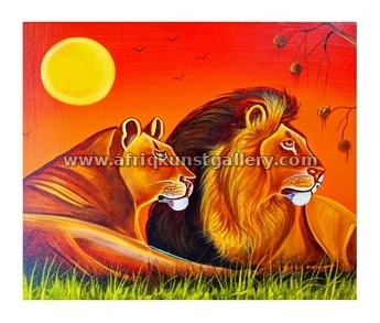 Lioness and lion sunset painting on a white background.