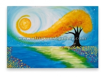 Moonlit tree river painting on a white background.