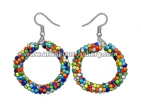 Multicolor beaded hoop earrings on a white background.