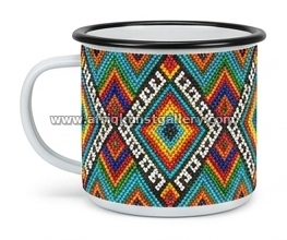 Multicolor beaded pattern enamel mug on a white background.