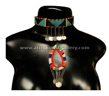 Multicolor Maasai choker pendant necklace on a white background.