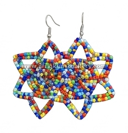 Multicolor Maasai-inspired beaded star earrings on a white background