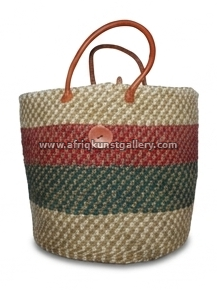 Natural striped woven tote bag on a white background.
