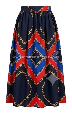 Navy and red chain maxi skirt on a white background.
