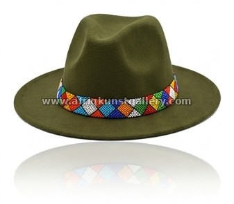 Olive fedora hat with a beaded band on a white background.