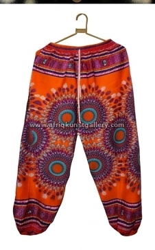 Orange mandala harem pants on a white background.