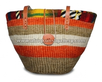 Orange striped woven shopper tote on a white background.