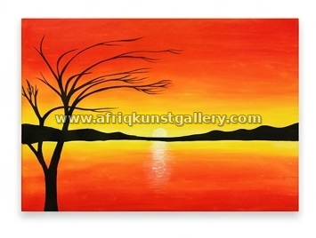 Orange sunset landscape painting on a white background.