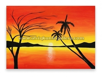 Palm sunset landscape painting on a white background.