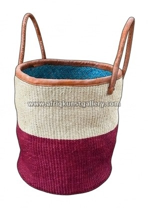 Pink and cream woven basket bag with leather handles