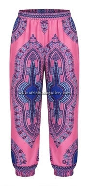 Pink ornate jogger pants on a white background.