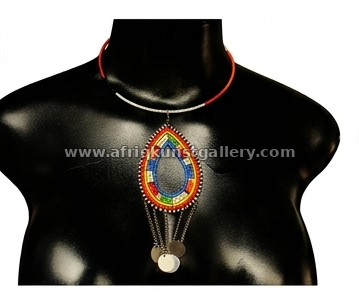 Rainbow teardrop beaded pendant necklace on a white background.