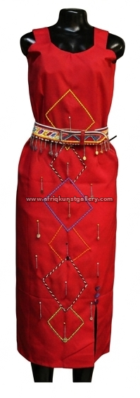Red Maasai beaded dress on a white background.