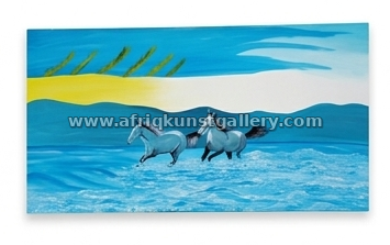 Running horses seascape painting on a white background.
