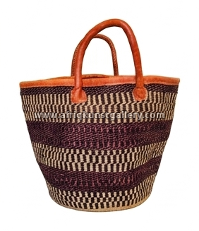 Striped woven basket bag on a white background.