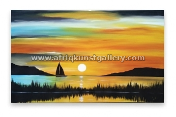 African sunset sailboat landscape painting on a white background
