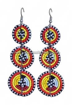 Tiered round beaded earrings on a white background.