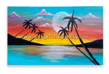 Tropical sunset palm painting on a white background.