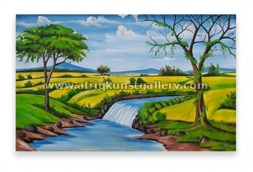 Waterfall landscape painting on a white background.