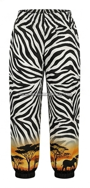 Zebra savannah jogger pants on a white background.